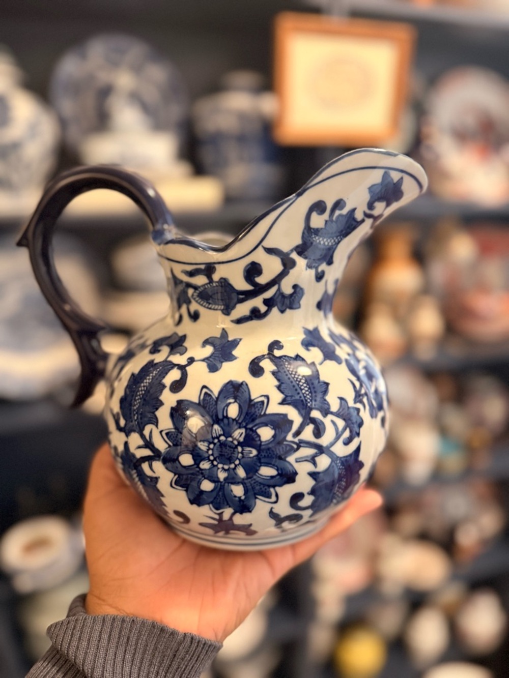 Blue and White Floral Ceramic Pitcher - Classic Home Art